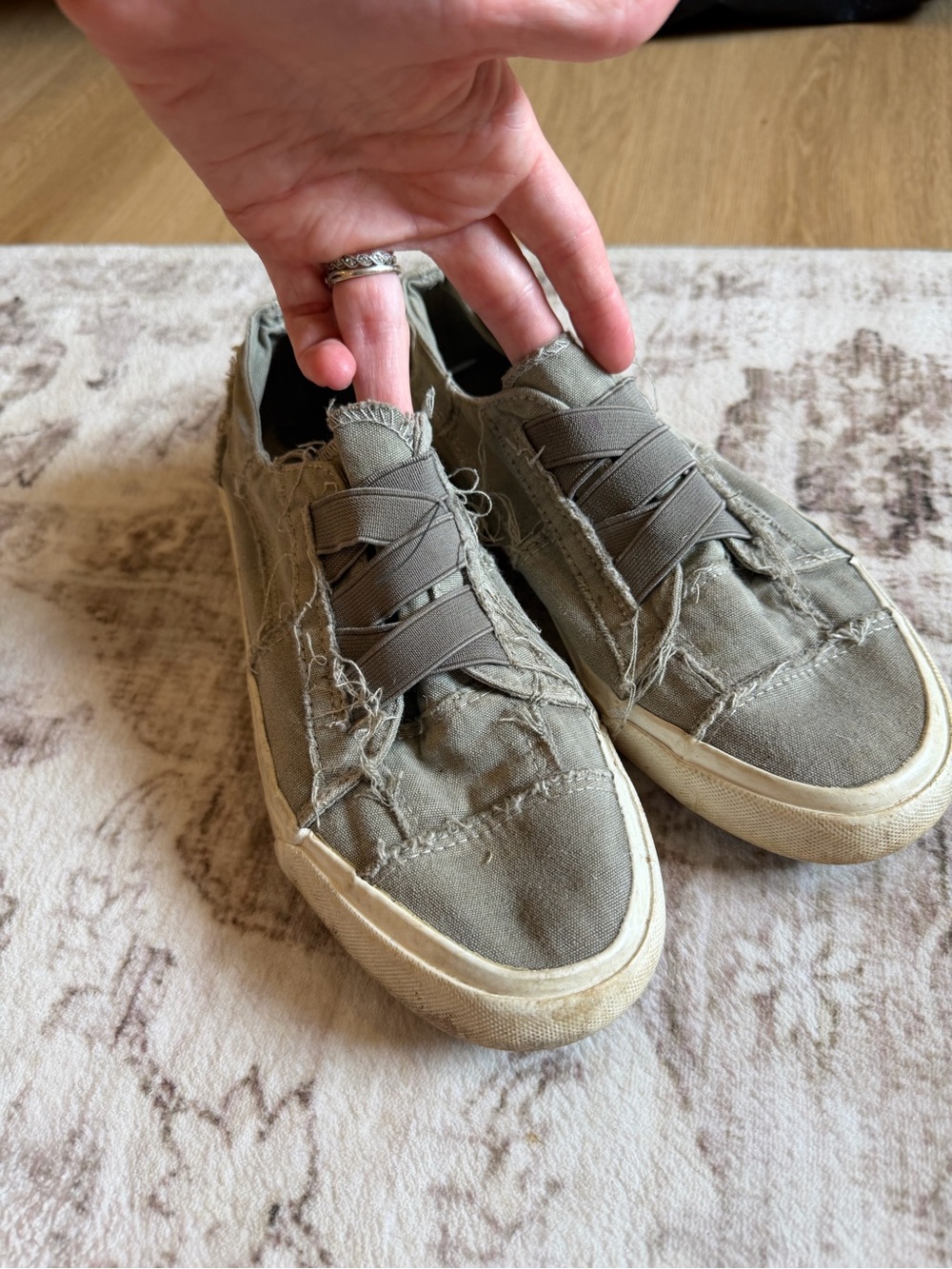 Slip-On Frayed Canvas Sneakers in Olive for Women